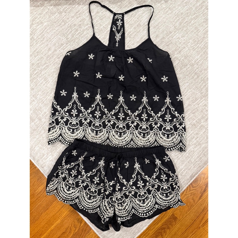 Linea Donatella Black Cotton Eyelet Embroidered Pj Set w/Shorts Cami M  coquette